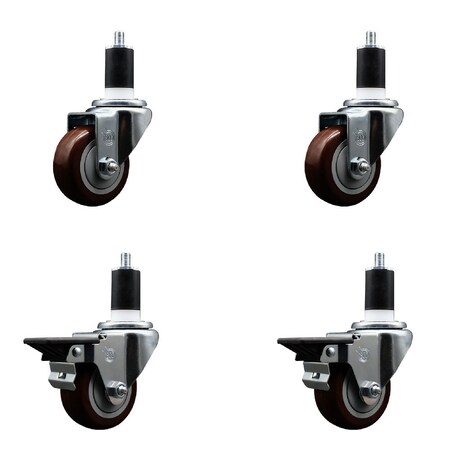Service Caster 3'' Maroon Poly Wheel Swivel 1-1/2'' Expanding Stem Caster Set 2 Brakes, 4PK SCC-EX20S314-PPUB-MRN-2-PLB-2-112
